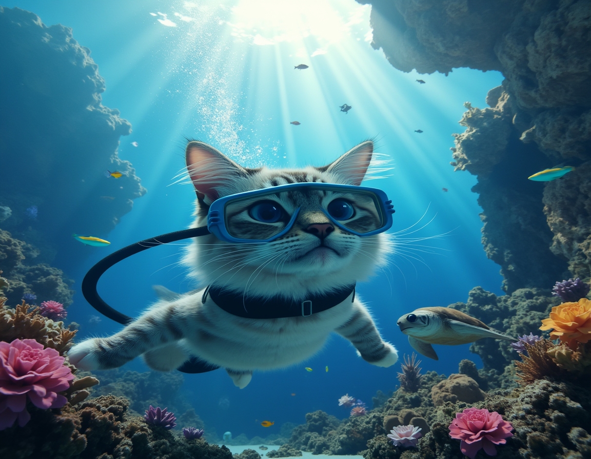 Cat in a wetsuit and diving mask swims through a vibrant underwater scene, surrounded by glowing jellyfish, colorful fish, and coral reefs illuminated by sunlight.